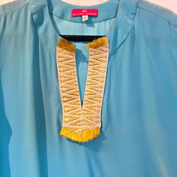 Elaine Turner Silk Shift Dress Small Embroider Fringe Turquoise Blue Resort Boho - Picture 4 of 9